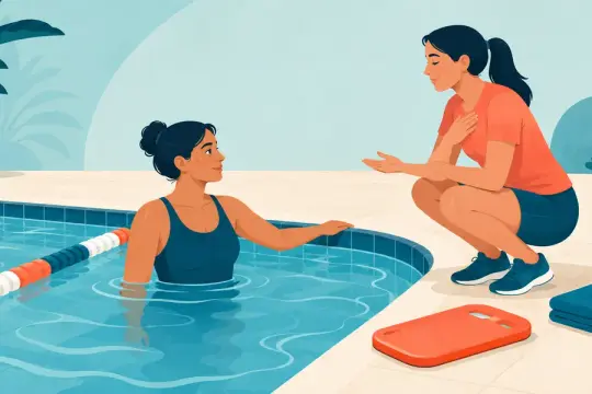 Adult începător în bazin, alături de o instructoare care îi explică un exercițiu
